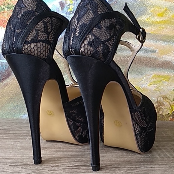 None Shoes - Black lace t-strap platform stiletto high heels